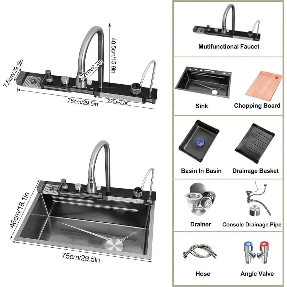 29.5x18 INCH Kitchen Sink with Pressurized Cup Washer and Two Waterfalls,