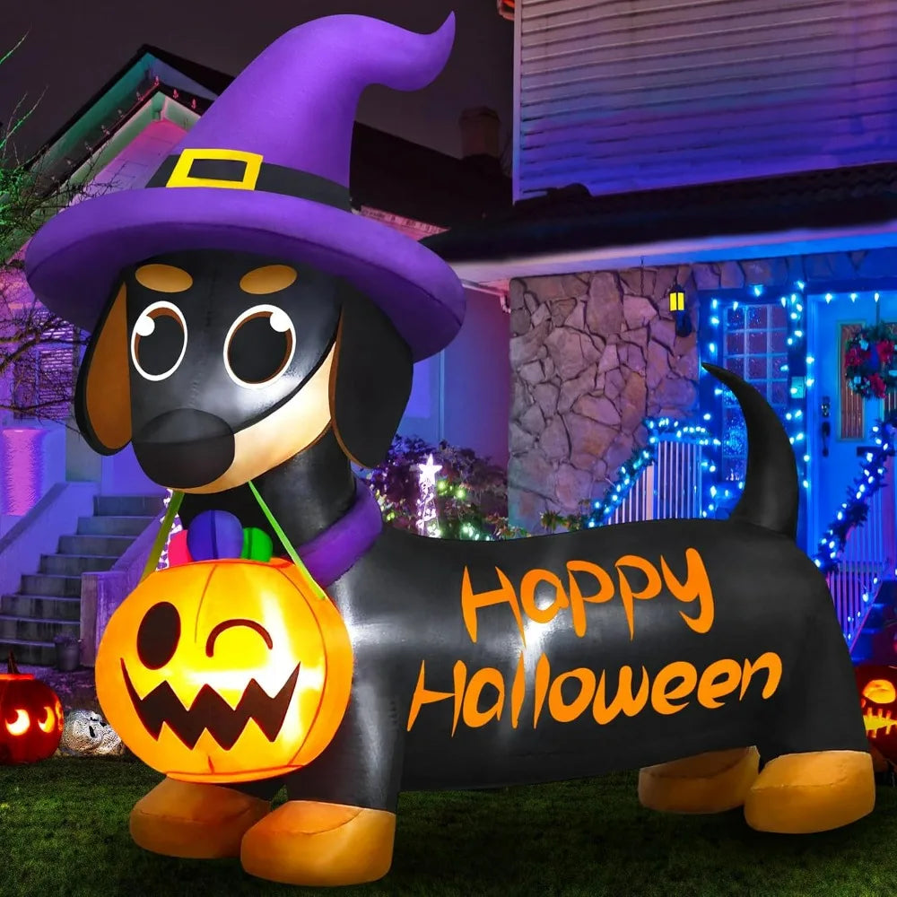 Halloween Inflatables Dog with Pumpkin & Witch Hat