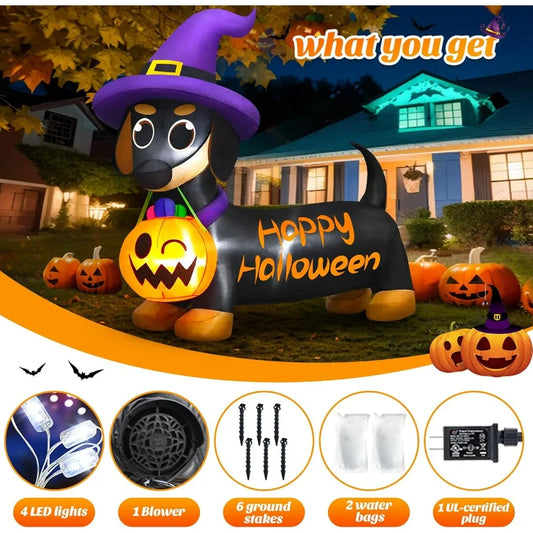 Halloween Inflatables Dog with Pumpkin & Witch Hat