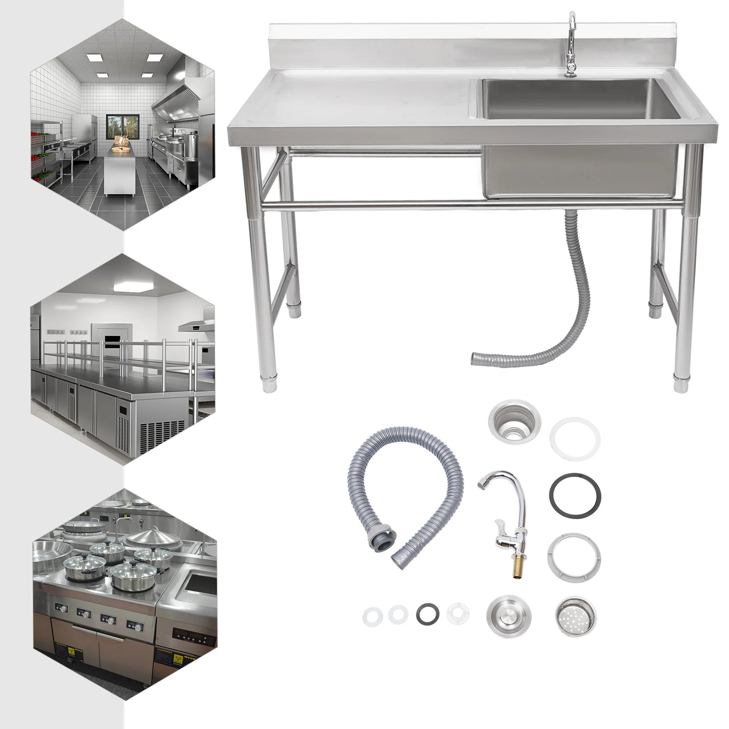 Commercial Kitchen Sink Prep Table w/ Faucet Single Compartment Stainless Steel