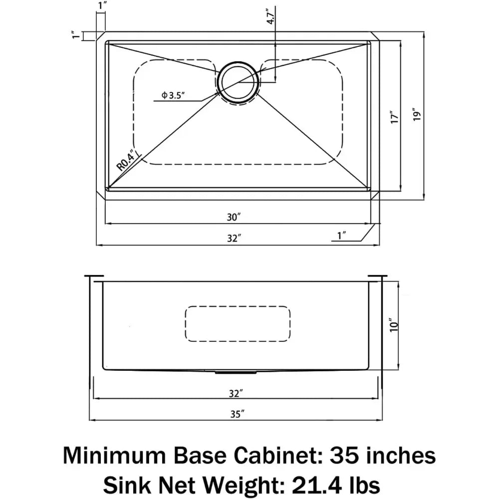 32" x 19" x 10" Undermount Single Bowl Kitchen Sink