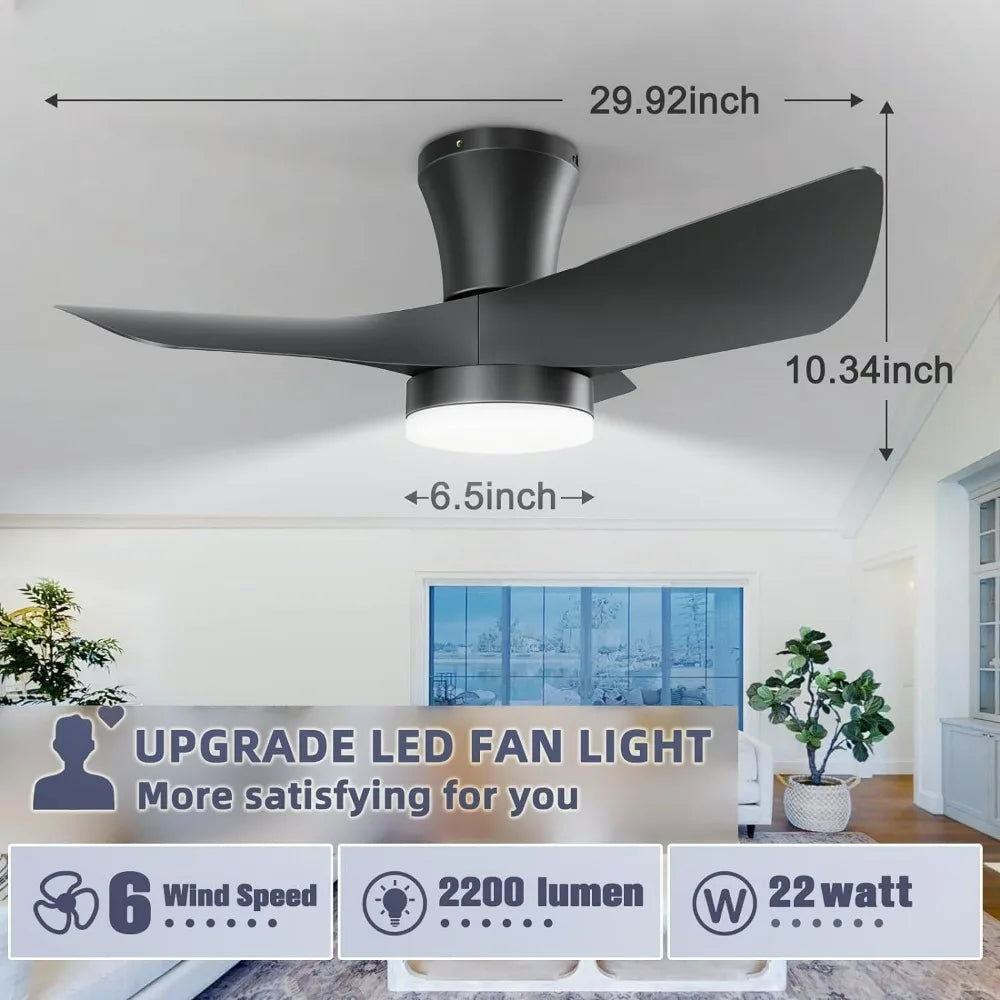 Small Ceiling Fans with Lights, 30in Flush Mount Ceilings Fan with Light and Remote