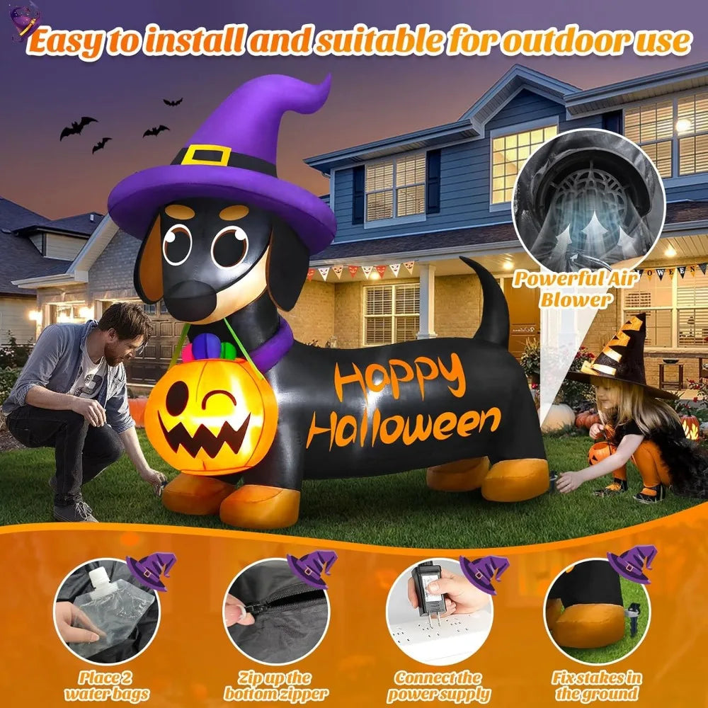 Halloween Inflatables Dog with Pumpkin & Witch Hat