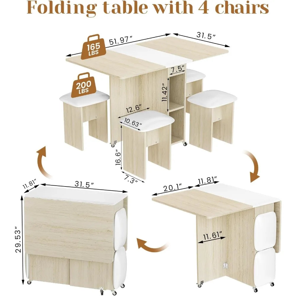 Dining table, 4-person folding dining table set with 4 leather chairs,