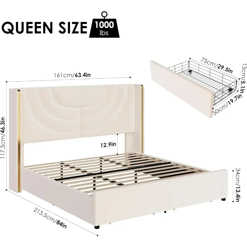 LED Queen Bed Frame with 2 Storage Drawers