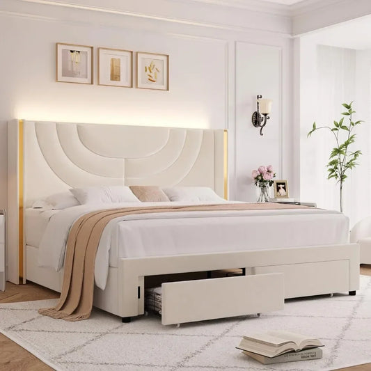 LED Queen Bed Frame with 2 Storage Drawers