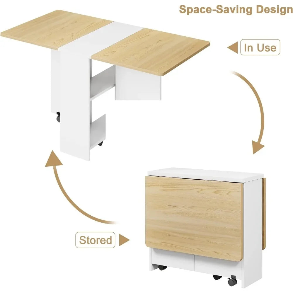 Space Saving Folding Dining Table with 2 Tier Storage