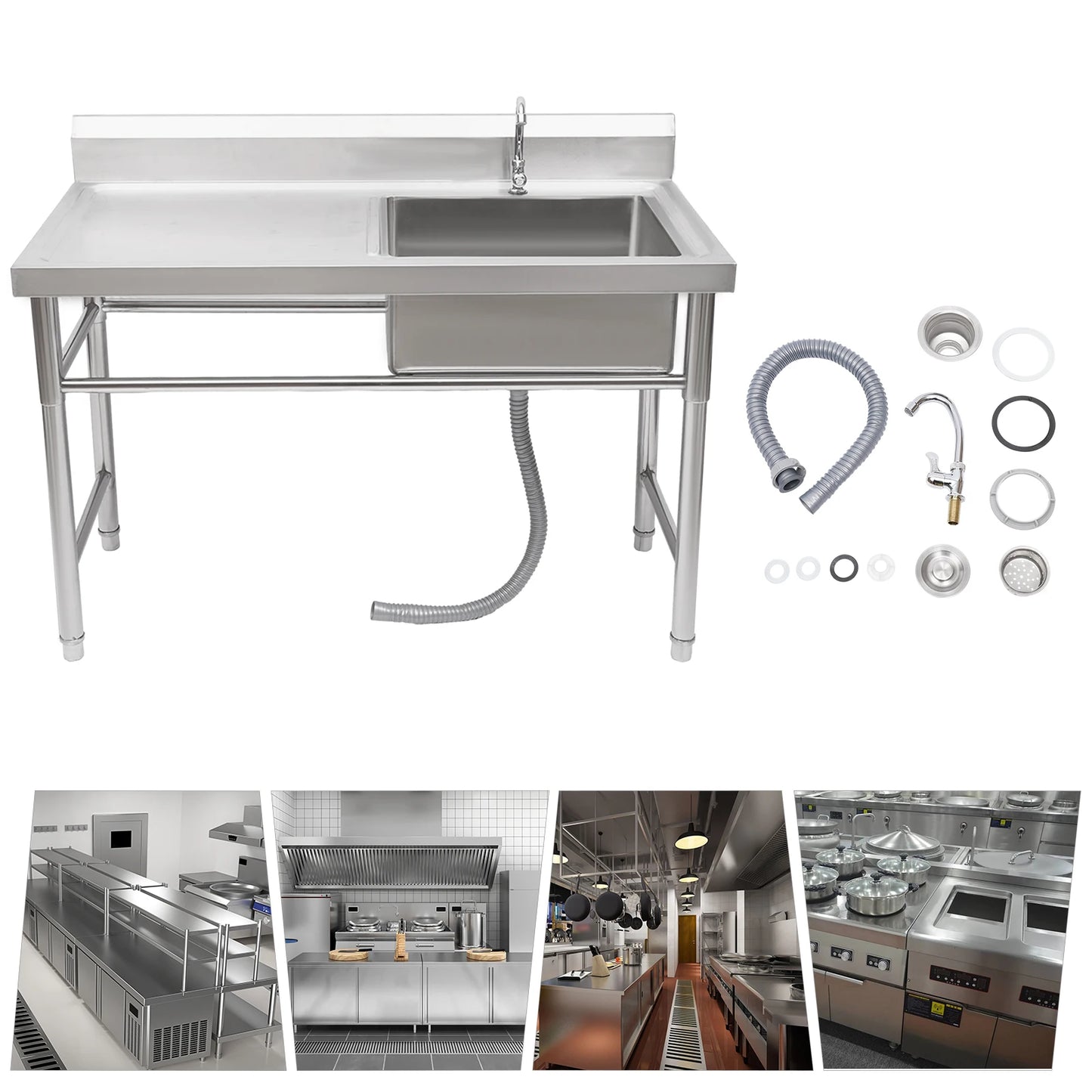 Commercial Kitchen Sink Prep Table w/ Faucet Single Compartment Stainless Steel