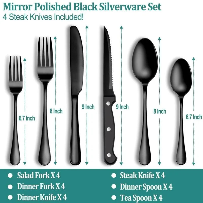 24 Pcs Black Silverware Set for 4