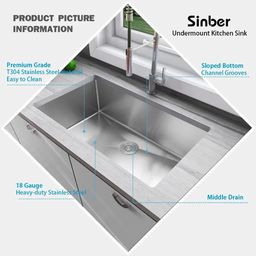 32" x 19" x 10" Undermount Single Bowl Kitchen Sink