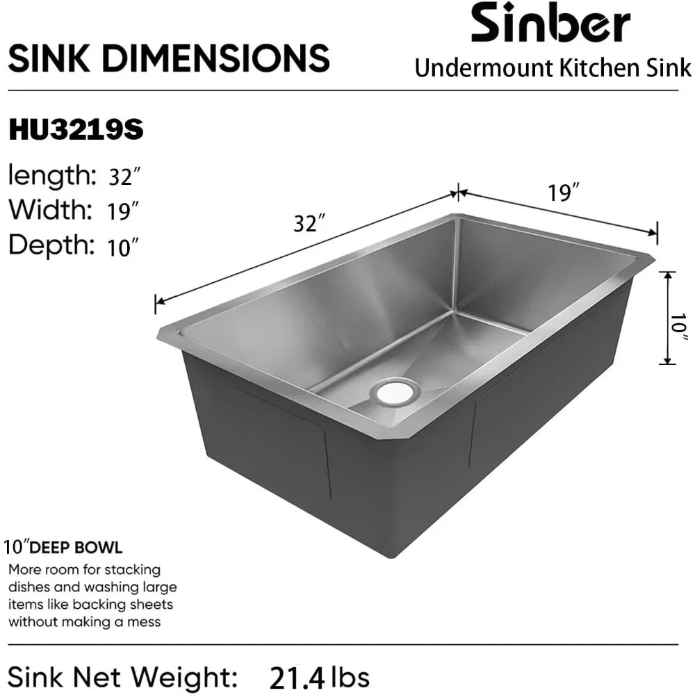 32" x 19" x 10" Undermount Single Bowl Kitchen Sink