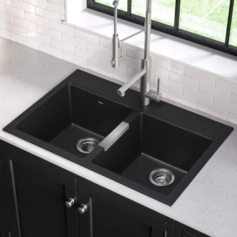 Kitchen Sink,33-Inch Equal Bowls, Black Onyx Granite，