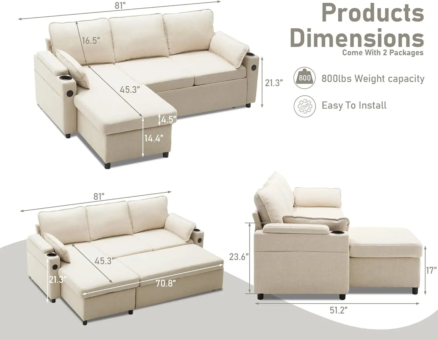 2 in 1 Sectional Sleeper Sofa