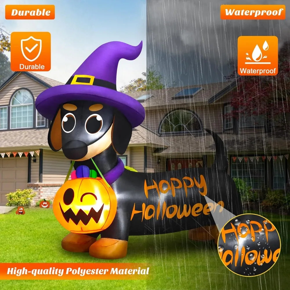 Halloween Inflatables Dog with Pumpkin & Witch Hat